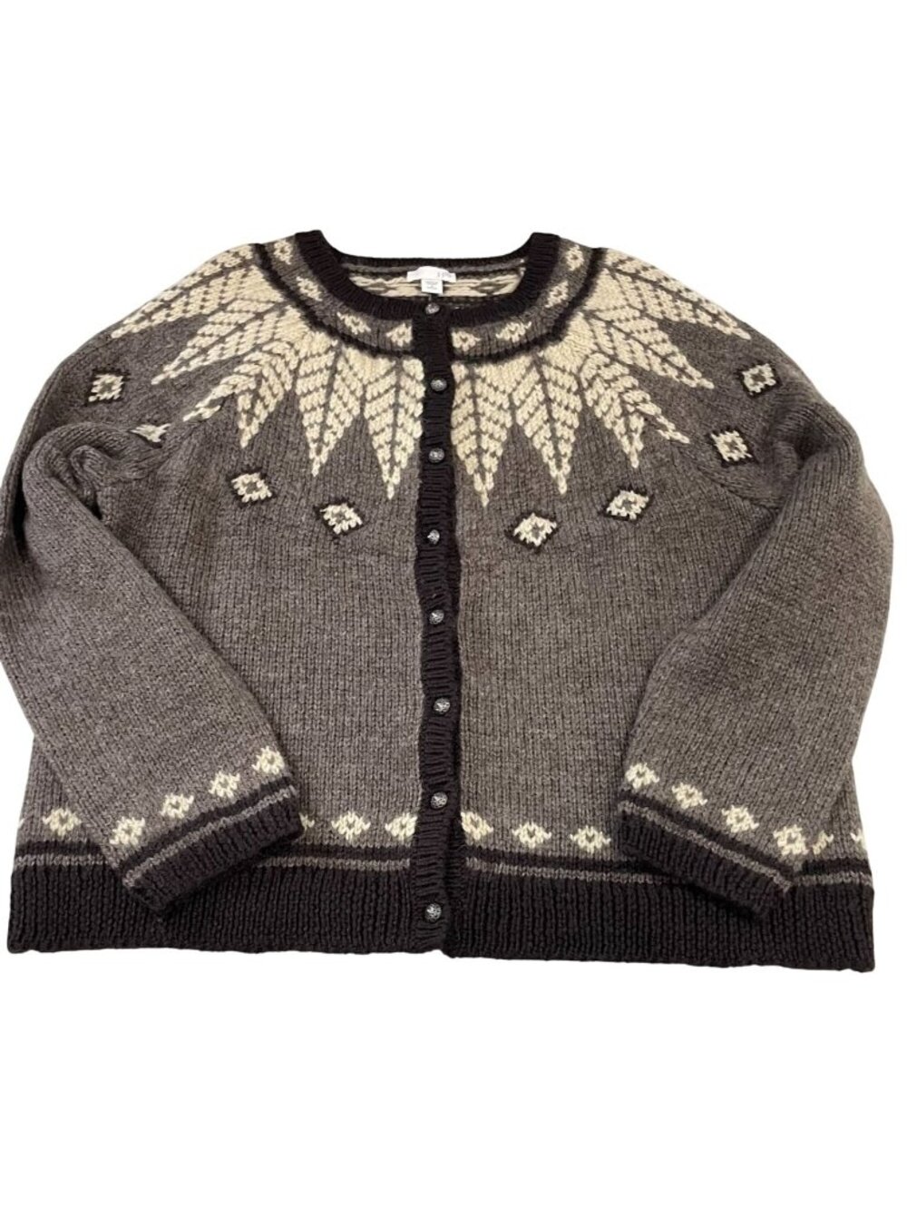 J Jill Fair Isle Wool Blend Cardigan PM Gray Cottagecore Heritage Nordic Luxury